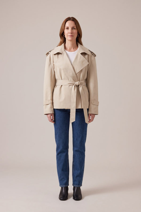 Trench court Rebeca Paris beige, ceinture nouée