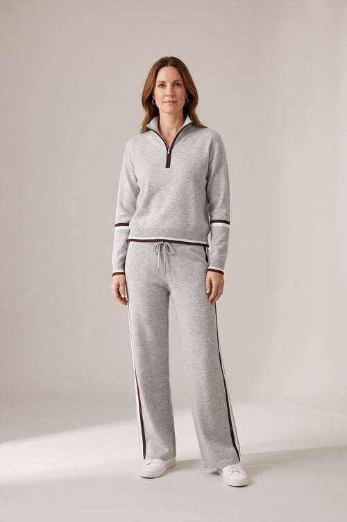 Ensemble Rebeca Paris gris clair, pull zippé et pantalon large