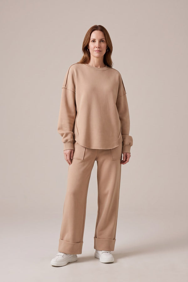Ensemble Sweat Rebeca Paris marron clair, sweat col rond et pantalon large