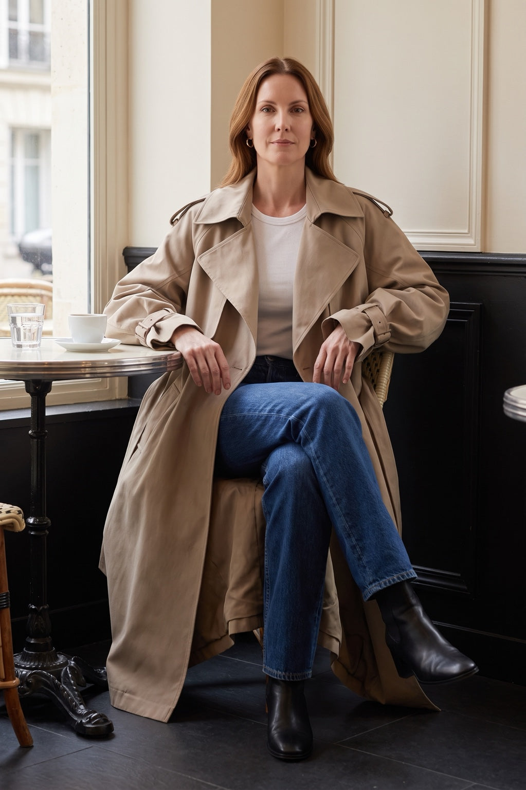 Trench long Rebeca Paris beige porté en terrasse de café