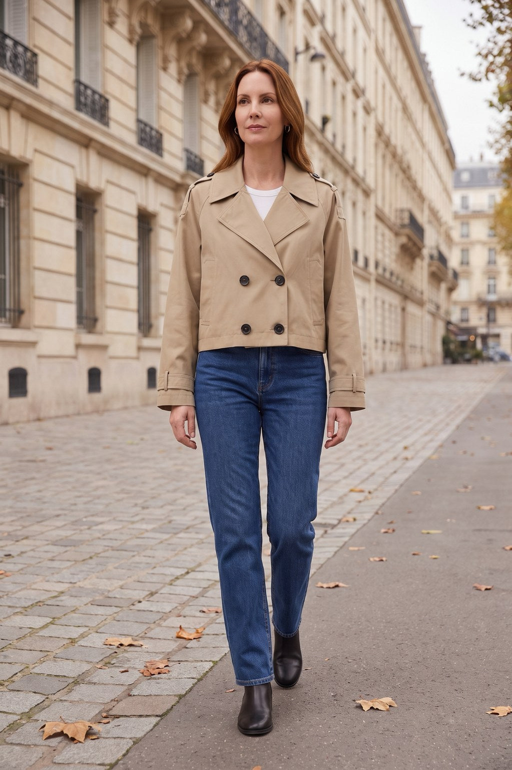Trench croisé Rebeca Paris beige porté dans la rue