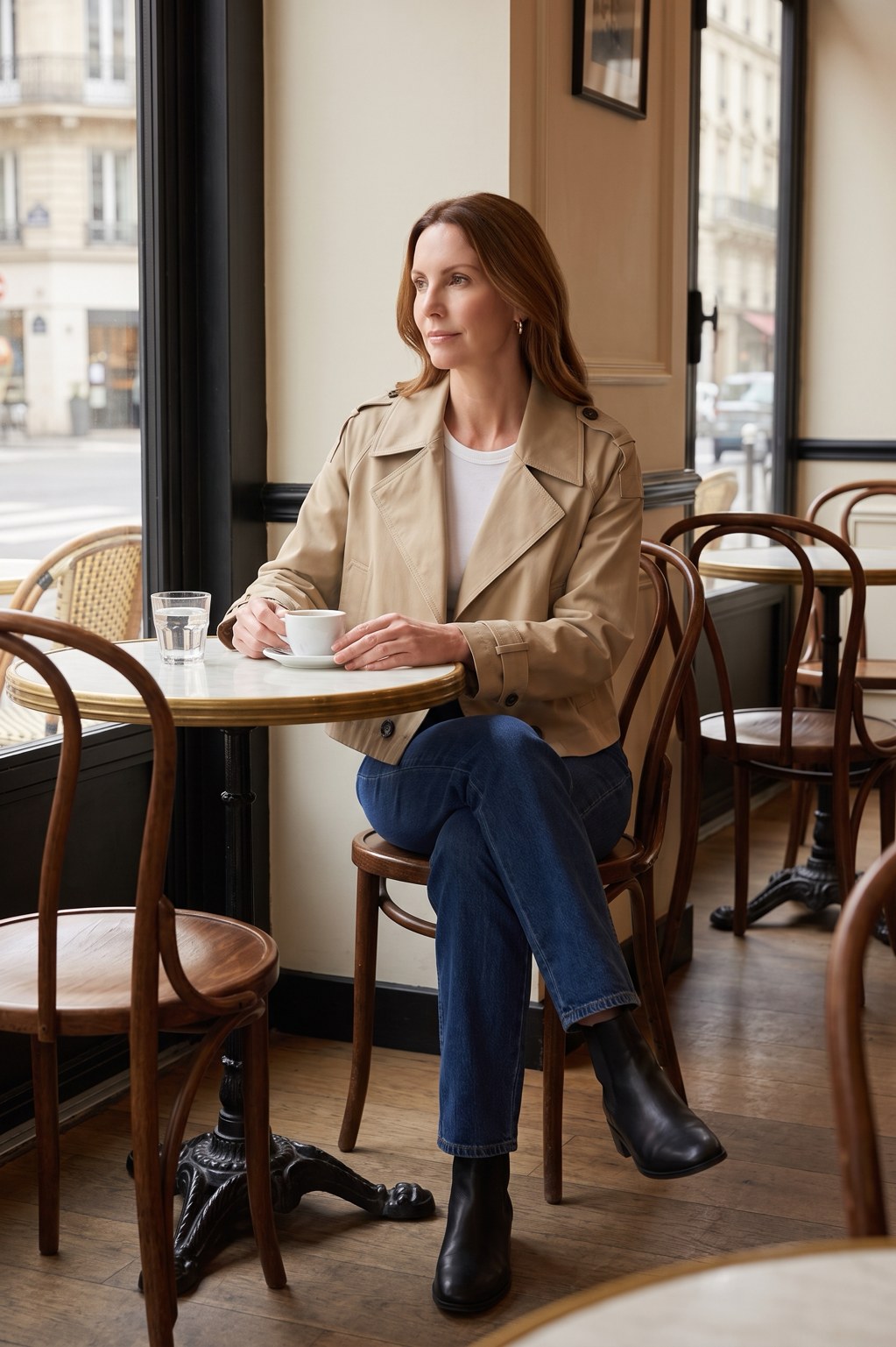 Trench croisé Rebeca Paris beige porté en terrasse de café