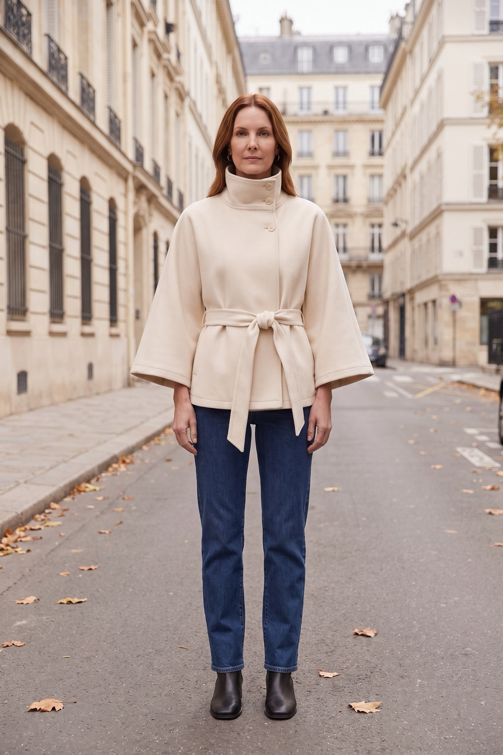 Cape Rebeca Paris crème portée dans la rue