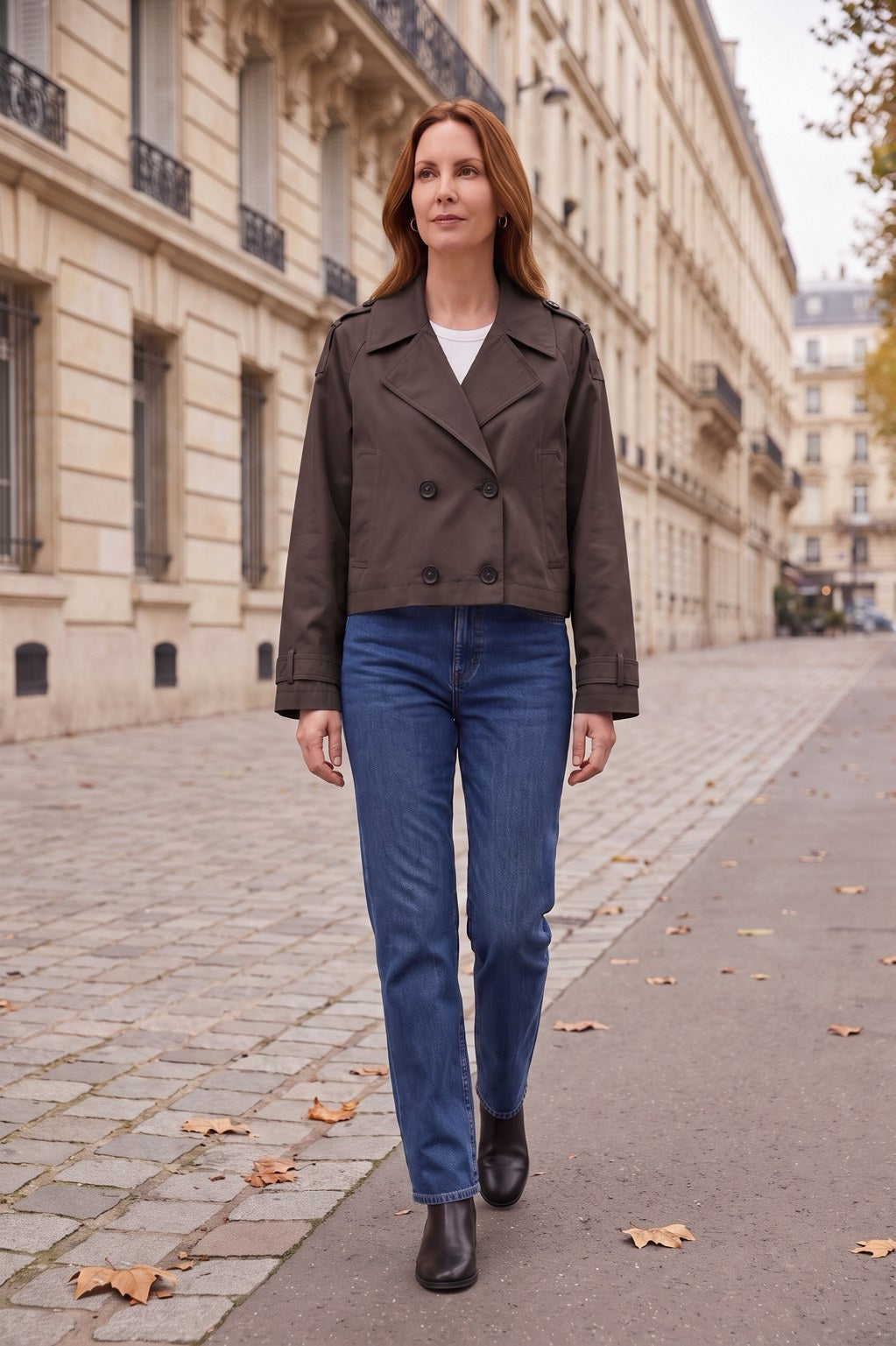 Trench croisé Rebeca Paris marron porté dans la rue
