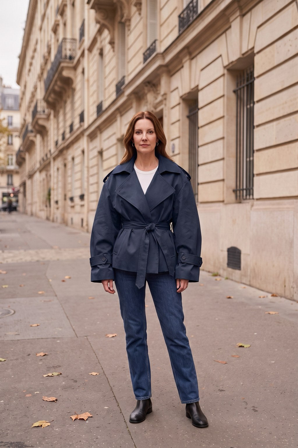 Trench court Rebeca Paris bleu marine porté dans la rue